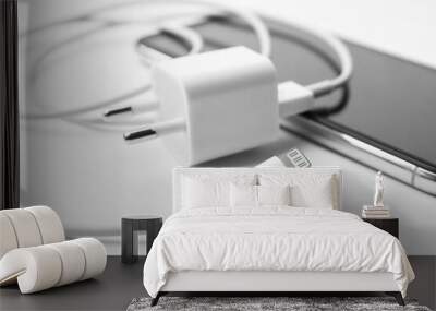 Smartphone and charging cable with adapter on white background, closeup Wall mural