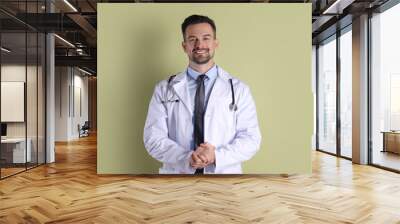 Smiling doctor with stethoscope on olive background Wall mural