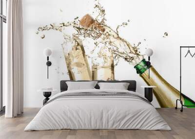 Sparkling wine splashing out of bottle and glasses on white background Wall mural