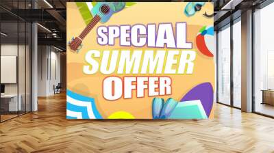 Special summer offer flyer design. Illustration of sandy beach with ball, umbrella, surfboard, fins, guitar and text Wall mural