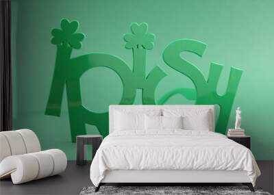 St. Patrick's day. Party glasses with word Irish on green background, closeup Wall mural