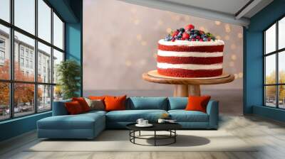 Stand with delicious homemade red velvet cake and space for text against blurred lights Wall mural