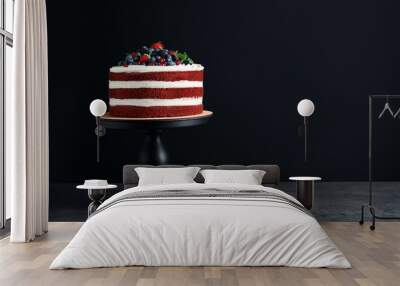 Stand with delicious homemade red velvet cake and space for text on black background Wall mural