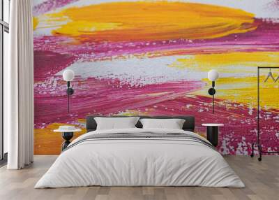 Strokes of colorful oil paints on white canvas, closeup Wall mural