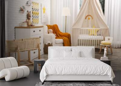 Stylish baby's room with comfortable cot. Interior design Wall mural