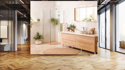 Stylish bathroom interior with countertop, shower stall and houseplants. Design idea Wall mural