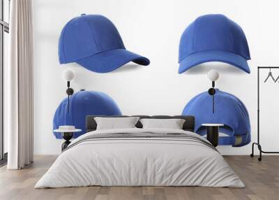 Stylish blue baseball cap isolated on white, set Wall mural