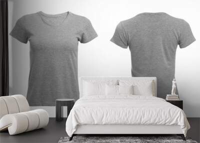 Stylish gray t-shirt on white background, front and back views. Space for design Wall mural