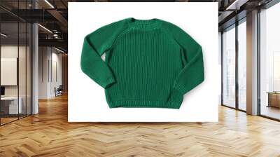 Stylish green knitted sweater isolated on white, top view Wall mural