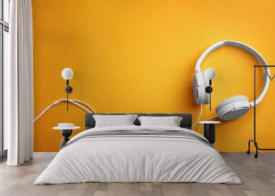 Stylish headphones on color background, top view. Space for text Wall mural