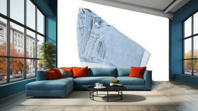 Stylish light blue denim shorts isolated on white, top view Wall mural