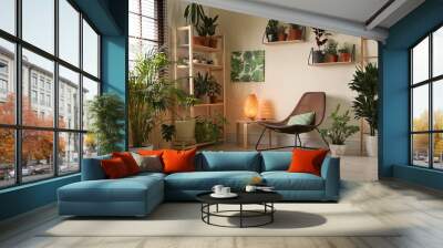 Stylish living room interior with home plants and lounge chair Wall mural