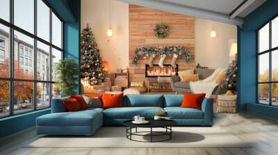 Stylish room interior with beautiful Christmas tree and decorative fireplace Wall mural