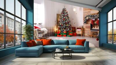 Stylish room interior with beautiful Christmas tree and decorative fireplace Wall mural