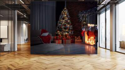 Stylish room interior with beautiful Christmas tree in evening Wall mural