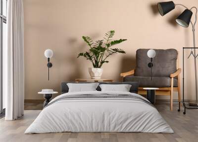 Stylish room interior with comfortable armchair, floor lamp and plant near color wall Wall mural