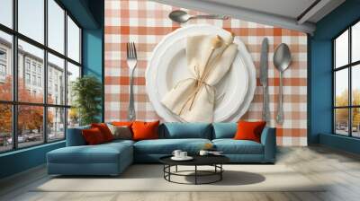 Stylish setting with cutlery and plates on table, flat lay Wall mural