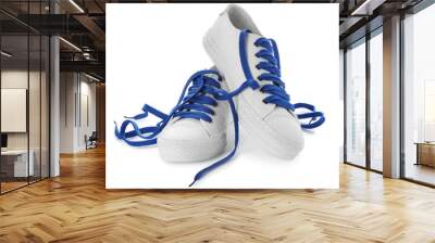 Stylish sneakers with blue shoelaces on white background Wall mural