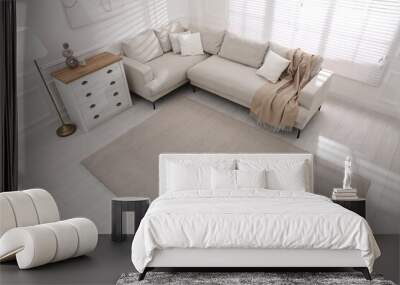 Stylish soft carpet on floor in living room, above view Wall mural