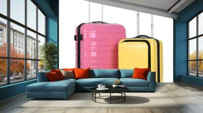 Stylish suitcases packed for travel on white background. Summer vacation Wall mural