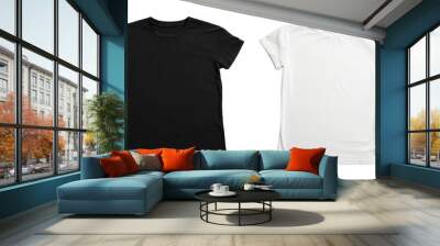 Stylish t-shirts on white background, top view Wall mural