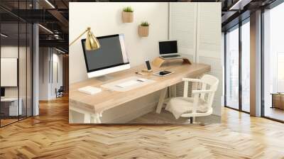 Stylish workplace interior with modern computer on table. Mockup for design Wall mural