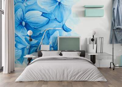 Stylish workplace with blue flowers painted on wall. Floral pattern in living room interior Wall mural