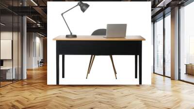 Stylish workplace with wooden desk and comfortable chair on white background Wall mural