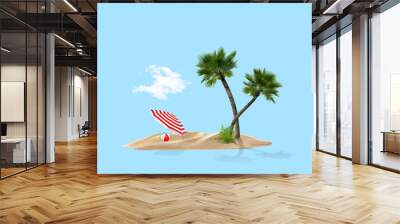 Summer travel to tropical island. Sand with palm trees, beach umbrella and ball. Light blue background as sky and sea Wall mural