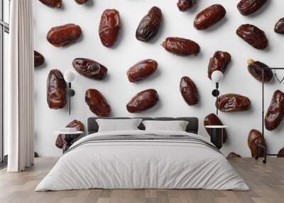 Sweet dates on white background, top view. Dried fruit as healthy snack Wall mural