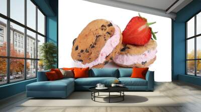 Sweet delicious ice cream cookie sandwiches and strawberry on white background Wall mural