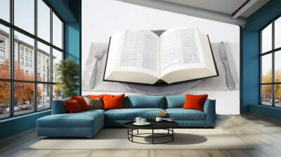 Table setting with Holy Bible on white background. Great Lent season Wall mural