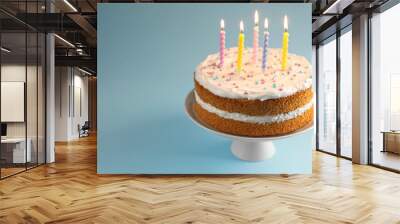 Tasty cake with colorful candles on light blue background, closeup. Space for text Wall mural