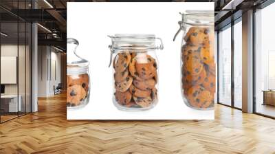 Tasty chocolate chip cookies into glass jars on white background, collage. Banner design Wall mural