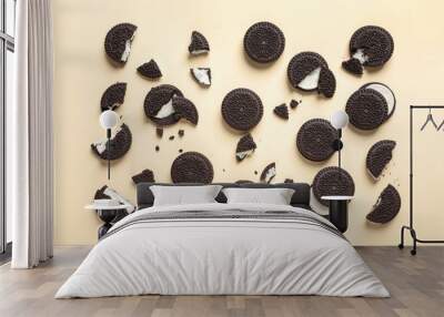 Tasty chocolate cookies with cream on color background, flat lay Wall mural