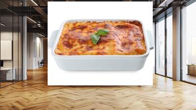 Tasty cooked lasagna in baking dish isolated on white Wall mural