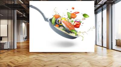 Tasty fresh ingredients and frying pan on white background Wall mural