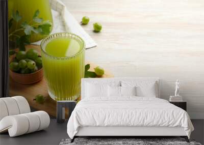 Tasty gooseberry juice and fresh berries on white wooden table. Space for text Wall mural