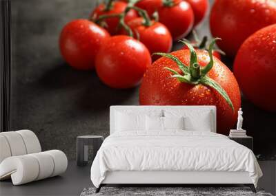 Tasty juicy tomatoes on grey background, closeup Wall mural