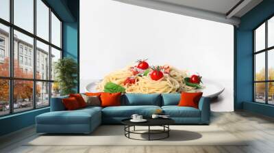 Tasty pasta on light grey marble table against white background Wall mural