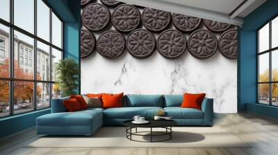 Tasty sandwich cookies on white marble table, top view. Space for text Wall mural