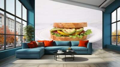 Tasty sandwich with grilled vegetables on white marble table, closeup Wall mural