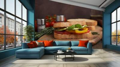 Tasty sandwich with grilled vegetables on wooden table, closeup Wall mural