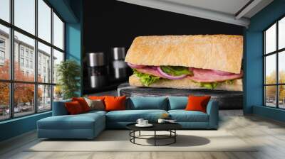 Tasty sandwich with ham on grey table, closeup Wall mural