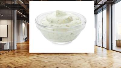 Tasty tartar sauce in bowl isolated on white Wall mural