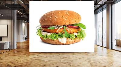 Tasty vegetarian burger with carrot cutlet on white background Wall mural