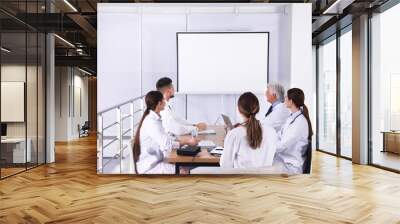 Team of doctors using video projector during conference indoors Wall mural