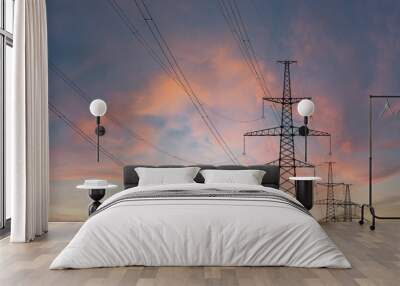 Telephone poles with cables at sunset outdoors Wall mural