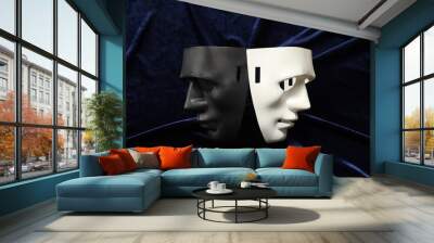 Theater arts. Two masks on blue fabric, top view Wall mural