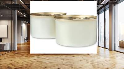 Tin cans of wet pet food on white background Wall mural